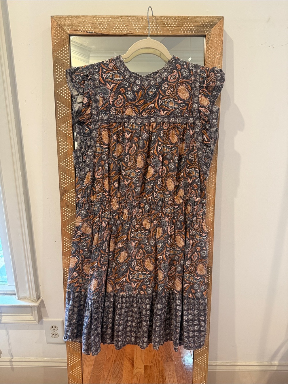 Boho Paisley Print Flutter Sleeve Dress in Berryand Tan